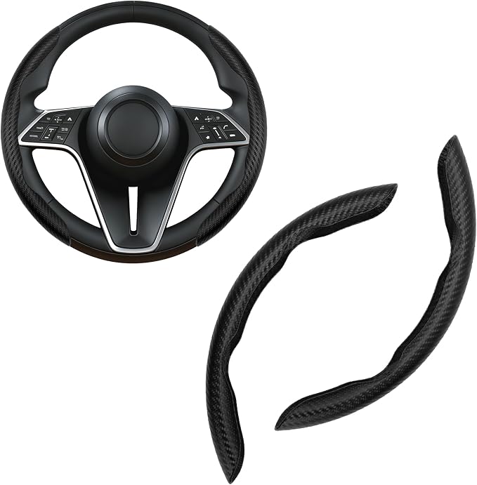 2Pc Carbon Fiber Steering Wheel Cover Universal Fit 99% Cars | Non-slip soft grip, easy to wipe clean, quick to install, perfect for daily commutes and road trips, Black
