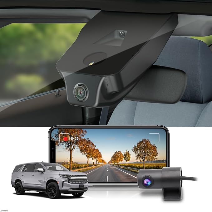 Dual 2160P+1080P Dash Cam Adapts for Chevy Tahoe 2021-2026 (HD2-6275, NO Sensor Cover) LS LT RST Premier High Country, OEM Factory Look, Dual Loop Recording, WiFi & APP, G-Sensor, 128GB Card