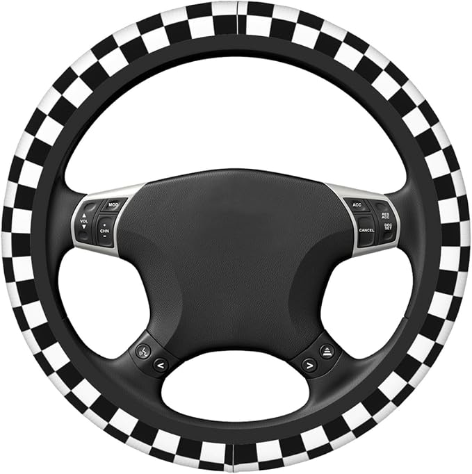 Black White Checkered Elastic Steering Wheel Cover Non-Slip Breathable Steering Wheel Protector Fit Auto, SUVs, Truck