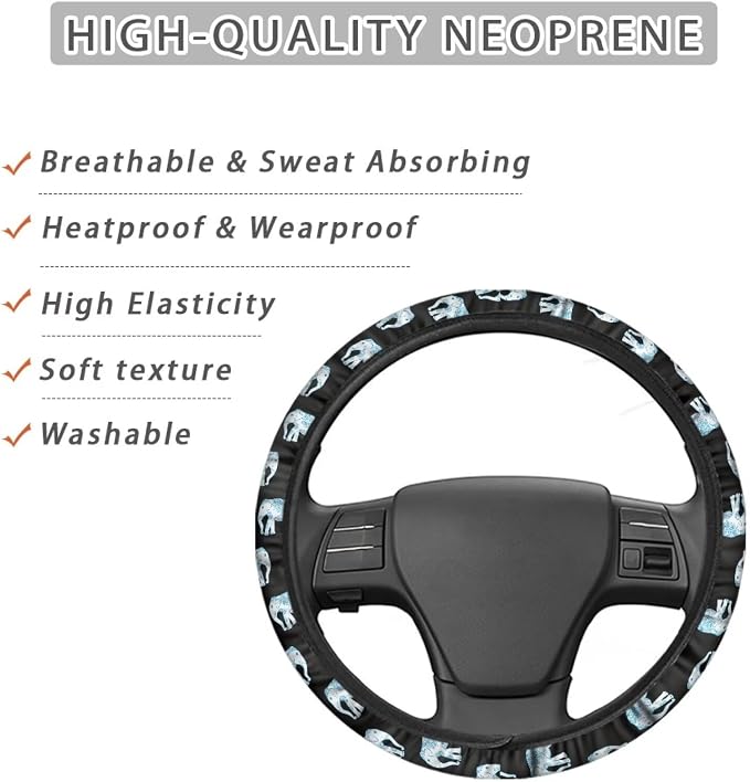 Elegant Elephant Style Automotive Steering Wheel Covers Neoprene Comfortable Keep Warm Odorless Stretch-on Fabric Breathable Universal 14 to 15 inch Navy Blue for Women Mens