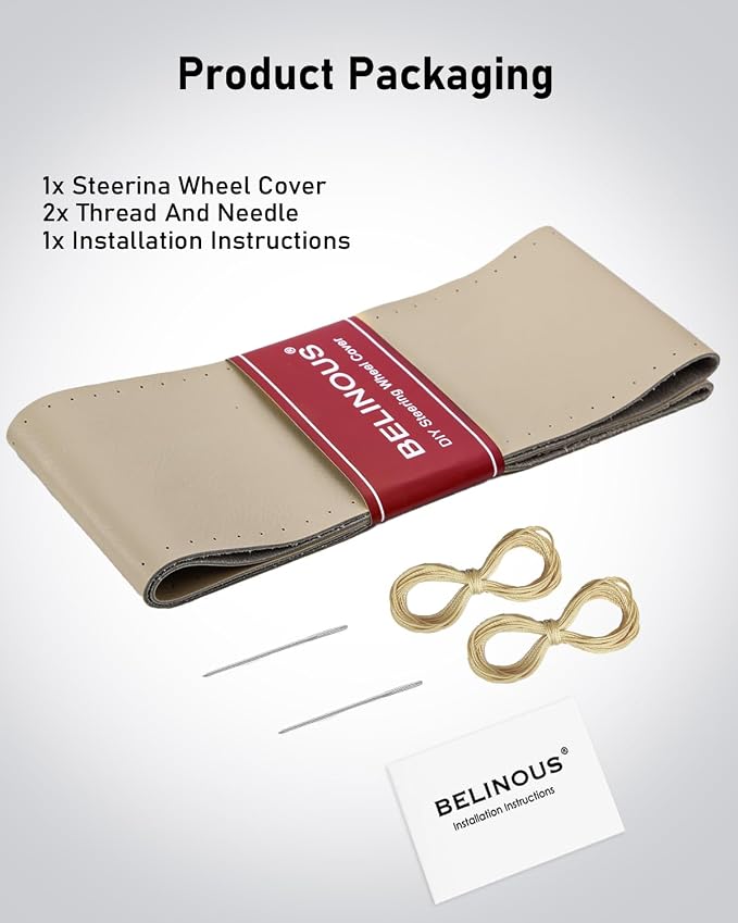 Leather Steering Wheel Cover Lace Up, Stitch on Steering Wheel Wrap, Universal Fit 13-20 Inch Car Truck Pickup Boat, A Whole Piece of Cowhide, DIY w/Needle Thread (Size S5, Light Beige)