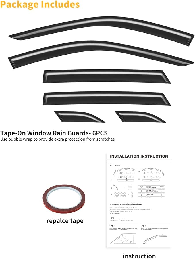 6pcs Outside-Mount Window Rain Guards Fit for 2024 2025 2026 Chevy Chevrolet Trax, Extra Durable Window Visors Wind Deflector Dark Smoke Vent Shades Car Tape-on 6-pcs with Thicker