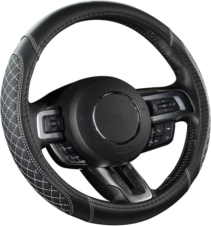 Car Steering Wheel Cover for Ford Escape,Explorer,Fusion,Focus,Bronco,Transit,Edge(Diamond Quilted - Black+Gray- Standard Size)