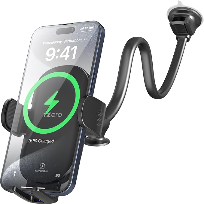 Solid Car Truck Phone Mount Wireless Charger Holder with 14-Inch Gooseneck Long Arm for iPhone 15 Pro Max Plus 14 13 12 11 XS X Samsung S24 Ultra S23 S22 S22 S21 S20 Pixel 9 Pro XL 8 7 6 5 4
