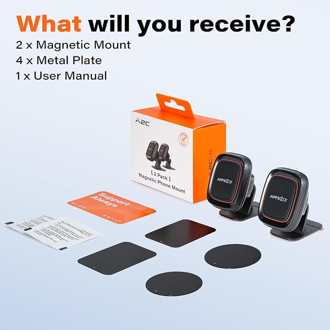 [2 Pack] Magnetic Phone Holder for Car, Dashboard Magnetic Car Phone Holder Mount with Strong VHB Adhesive Mounting, Requires Metal Plate for Use, Compatible with Most Phones(Not for Magsafe)