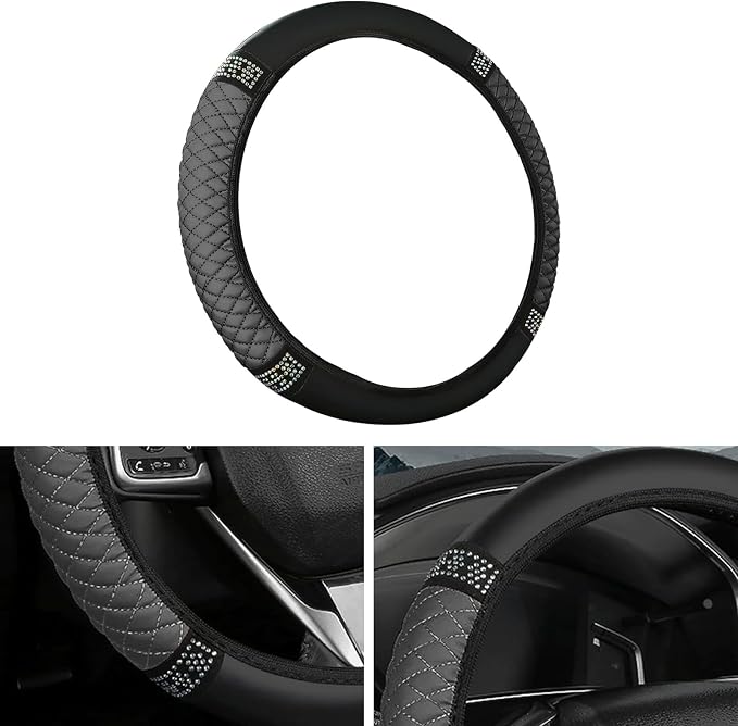 Bling Car Steering Wheel Cover, 15 Inch Rhinestones Soft Leather Elastic Steering Wheel Protector, Sparkly Crystal Diamond for Women, Car Interior Accessories for Most Cars (Grey)