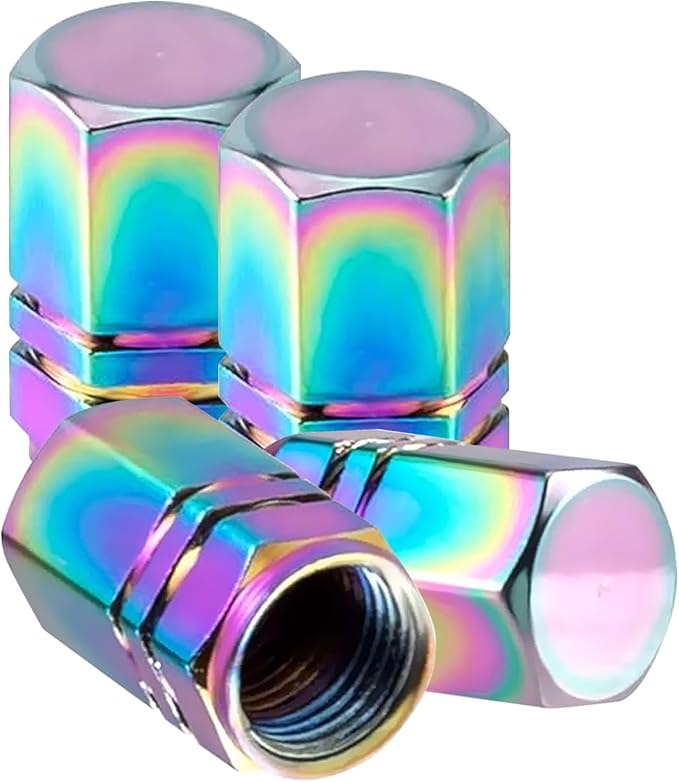 Colorful Aluminum Tire Stem Valve Caps Wheel Valve Covers Car Dustproof Tire Cap Cover Accessories, Universal for SUV, Car, Bike and Motorcycle，Hexagon Shape (4PCS)