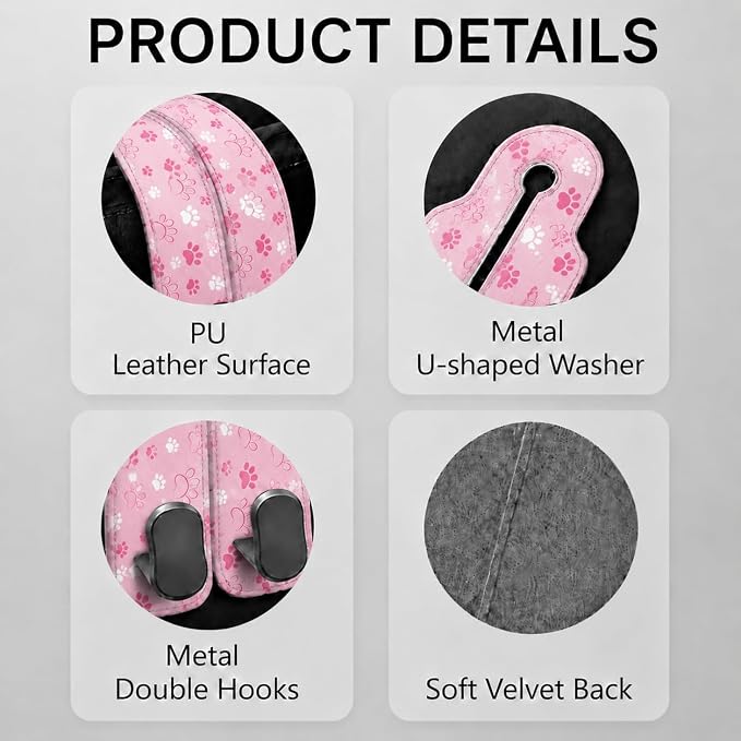 Cute Pink Paw Car Seat Back Storage Headrest Hooks for Purses & Bags – 2PCS PU Leather Dual Metal Hooks, Backseat Organizer Accessories