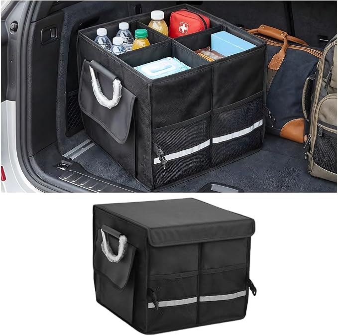 Car Trunk Organizer with Lid, Multi-Compartment Waterproof Vehicle Trunk Storage Box with Reinforced Handle, Foldable Automotive Cargo Container Organizer, Universal for Vehicles