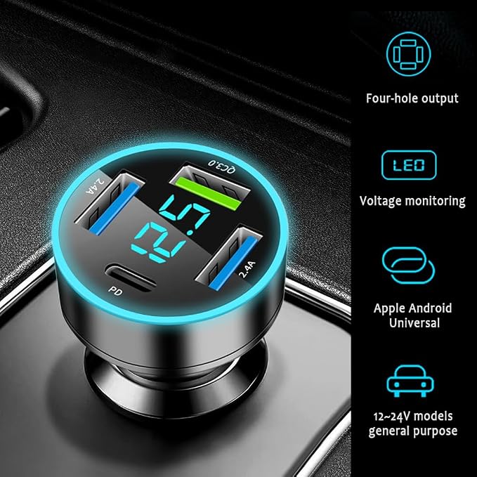 4 Ports Fast Car Charger,[Upgrade Voltmeter Display] PD+QC3.0 Car Charger Adapter for 12-24V Cigarette Lighter Plug,Phone Charger Compatible with iPhone/Android/Samsung/iPad(QC3.0+PD+2.4A+2.4A)