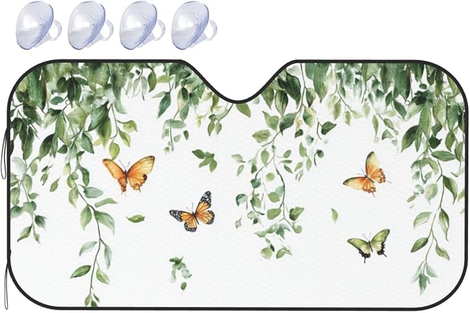 Windshield Sun Shade Botanical Leaf Butterfly Watercolor Car Front Window Sunshade Cover for Truck SUV Blocks UV Rays Automotive Visor Interior Protector 51 x 27.5 inch