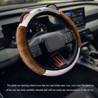 Car Steering Wheel Cover, 15 Inch Fluffy Soft Plush Auto Protector, Anti-Slip Elastic Lovely Car Cover Accessories with Kitty Cat Ears Universal for Most Cars (Fluffy-White+Brown)