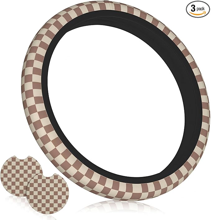 Checkered Brown Steering Wheel Cover 14-15 Inch with 2 Pcs Car Coasters | Universal Anti-Slip Breathable Suitable Men Women Checkered Car Wheel Cover Accessories