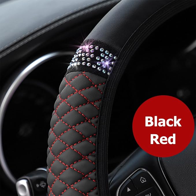 Bling Car Steering Wheel Cover, 15 Inch Rhinestones Soft Leather Elastic Steering Wheel Protector, Sparkly Crystal Diamond for Women Girls (Black/Red)