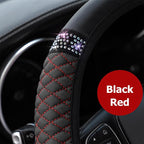 Bling Car Steering Wheel Cover, 15 Inch Rhinestones Soft Leather Elastic Steering Wheel Protector, Sparkly Crystal Diamond for Women Girls (Black/Red)