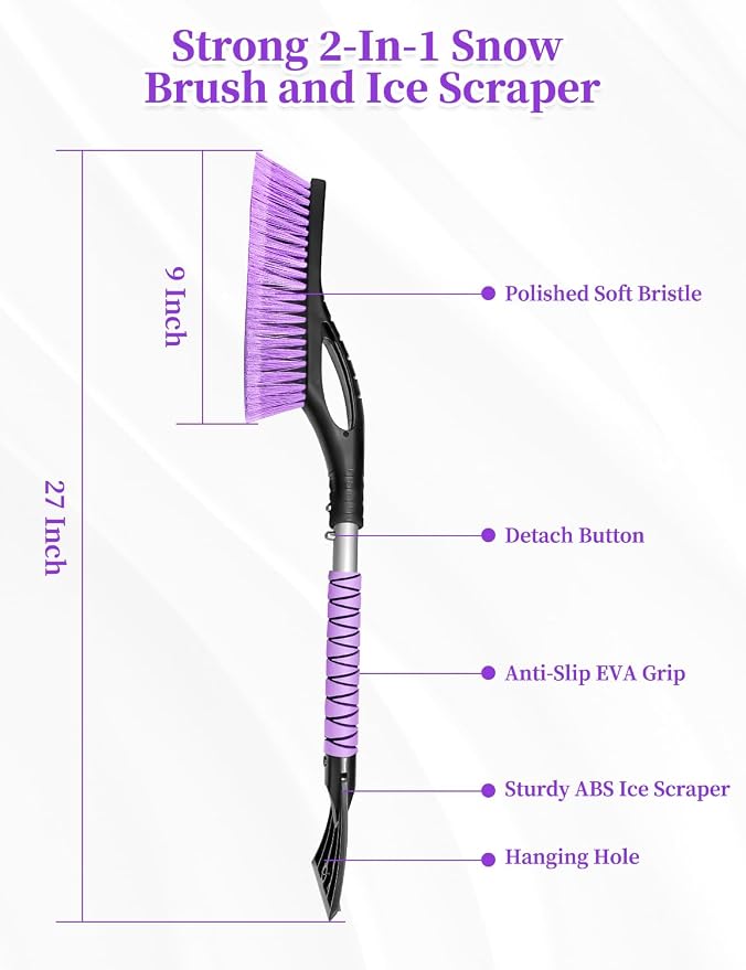 2 Pack 27 Inch Ice Scraper and Brush for Car, Snow Brush and Ice Scraper with Foam Grip, Detachable Snow Scraper for SUV Truck Vehicle Auto Windshield Window - Purple & Pink