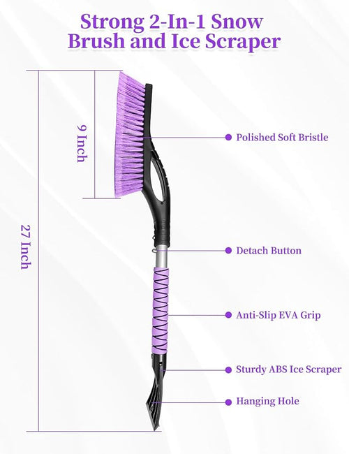 2 Pack 27 Inch Ice Scraper and Brush for Car, Snow Brush and Ice Scraper with Foam Grip, Detachable Snow Scraper for SUV Truck Vehicle Auto Windshield Window - Purple & Pink