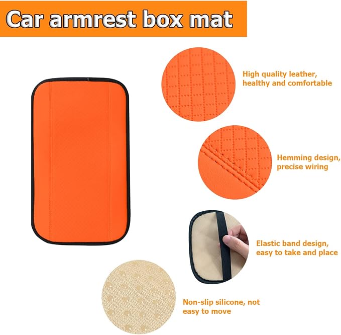 Car Armrest Storage Box Mat, Fiber Leather Car Center Console Cover, Car Armrest Seat Box Cover Accessories Interior Protection for Most Vehicle, SUV, Truck, Car (Orange)