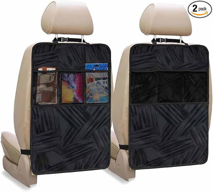 Modern Line Car Seat Protector, 2 Pack Kick Mats with Organizer - 3 Pocket Storage Abstract Farmhouse Black Brushstroke Blocks Waterproof Back Seat Cover Universal Fit Automotive Interior Protectors