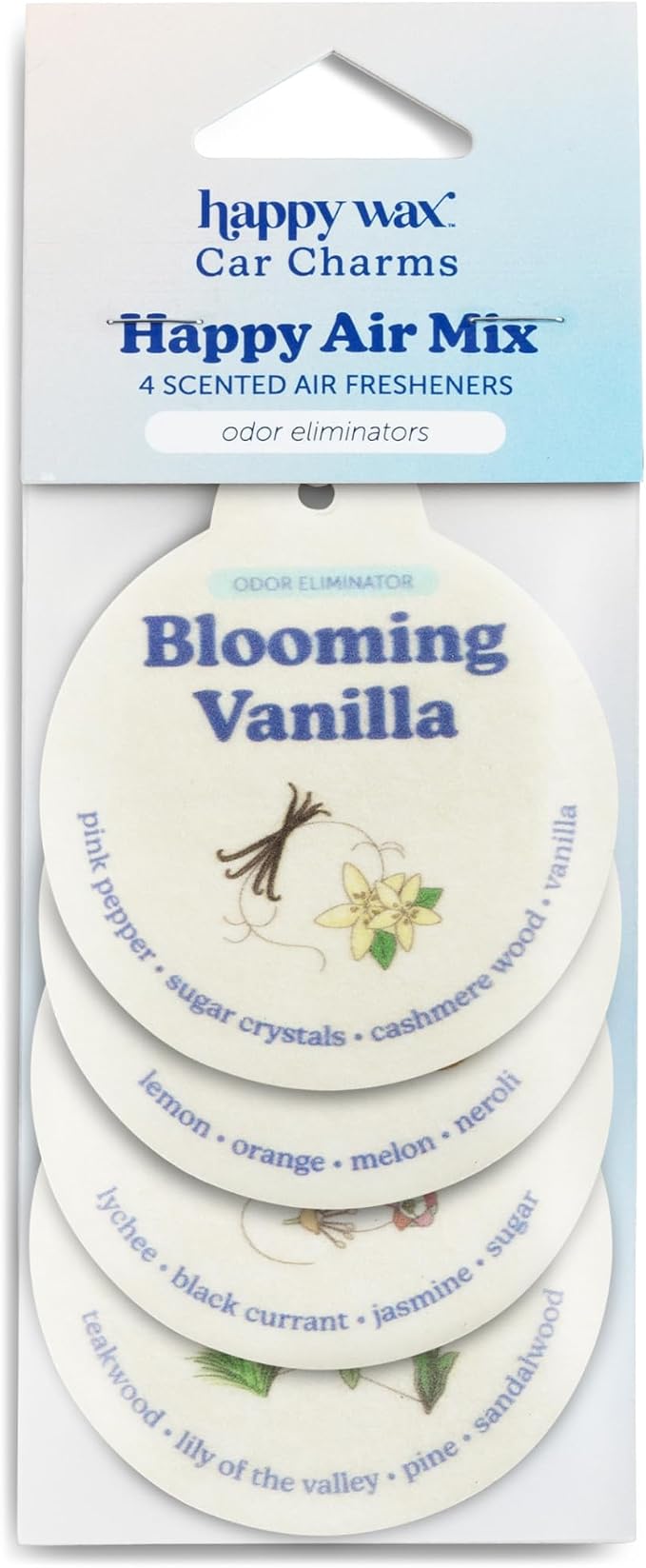 Odor Eliminating Car Charms 4-Pack - Includes: Blooming Vanilla, Golden Citrus, Sugared Fruit, Teakwood Trails