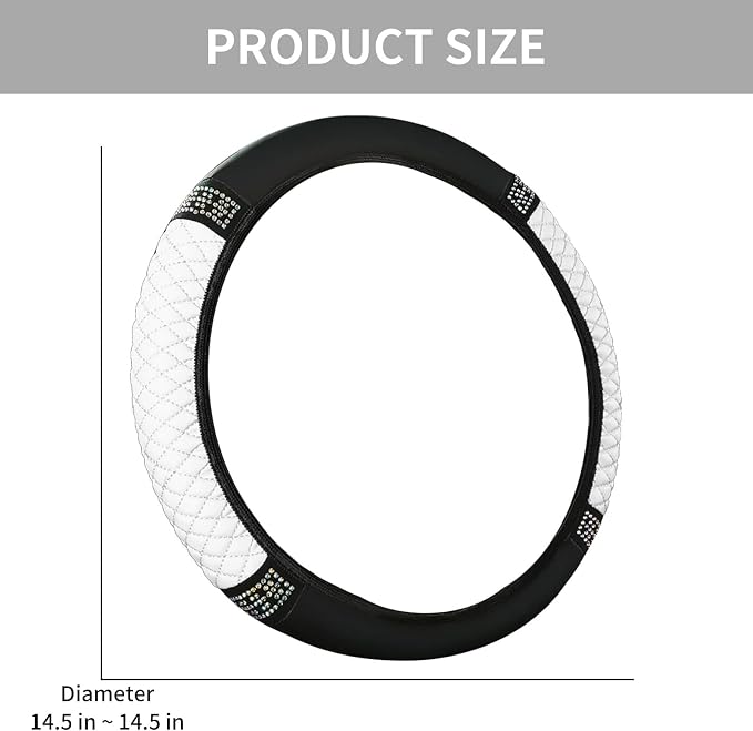 Bling Car Steering Wheel Cover, 15 Inch Rhinestones Soft Leather Elastic Steering Wheel Protector, Sparkly Crystal Diamond for Women, Car Interior Accessories for Most Cars (White)