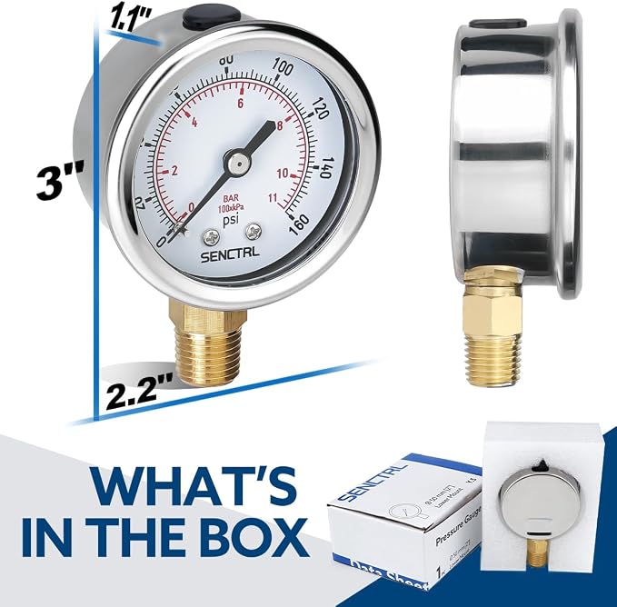 0-160 Psi Pressure Gauge, 2" Dial, 1/4 NPT Lower Mount, Waterproof, Stainless Steel Case, for Pneumatic Regulator Air Compressor RV Regulator Water Tire Pressure Test