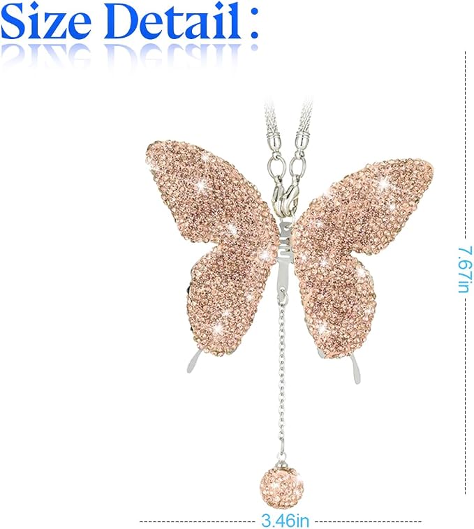 Bling Butterfly Diamond Car Accessories, Crystal Car Rear View Mirror Charms for Women, Car Decoration Lucky Gifts Hanging Interior Crystal Ornament Pendant Decor for All Cars (Peach Color)