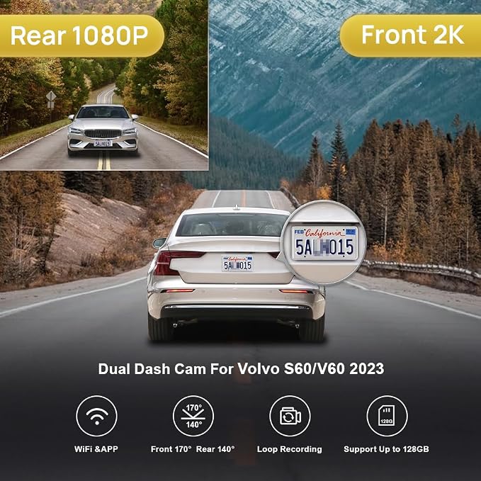 Front 2K+Rear 1080P Dash Cam Adapts for Volvo S60 & V60 2023-2026 B5 T8 Plug-in Hybrid (Model B), OEM Factory Look, Dual HD Video, WiFi & APP, Loop Recording, G-Sensor, Easy to Set, 64GB Card