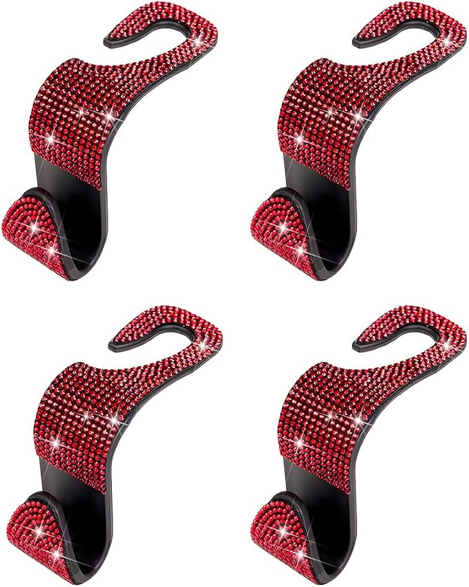 4PCS Bling Car Seat Headrest Hooks, Crystal Rhinestone Vehicle Back Seat Hanger Holder, Auto Interior Headrest Hanging Storage Organizer for Purse Handbag Coat, Universal Fit (Red)