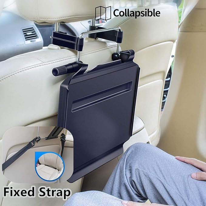 2 in 1 Car Steering Wheel Tray / Back Seat Headrest Tray for Eating Food Drink and Writing Laptop Work, Black Car Desk