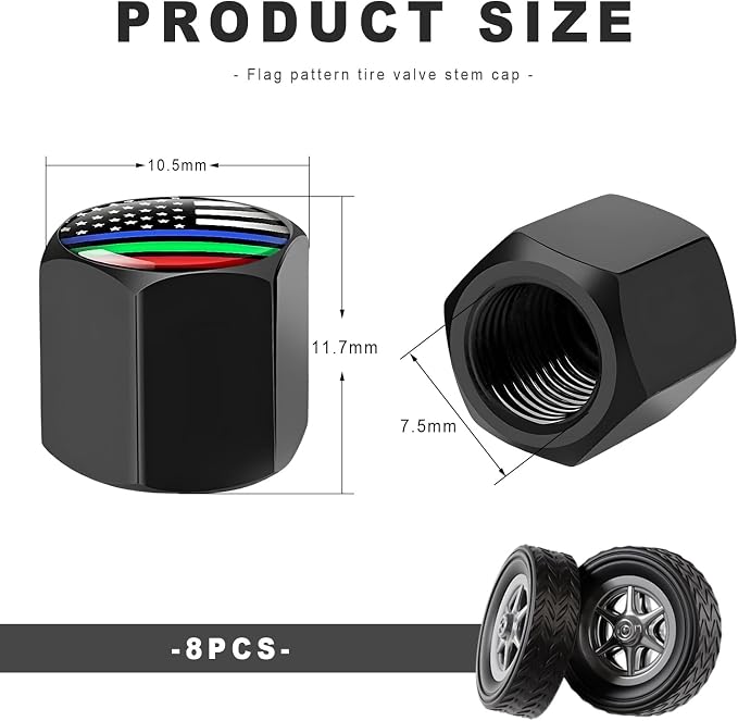 8 PCS Tire Valve Stem Caps, Cute Cow Print Airtight Dust Proof Tire Valve Covers, Corrosion Resistant Aluminum Wheel Stem Caps for Cars, Trucks, SUVs (Colourful Flag)