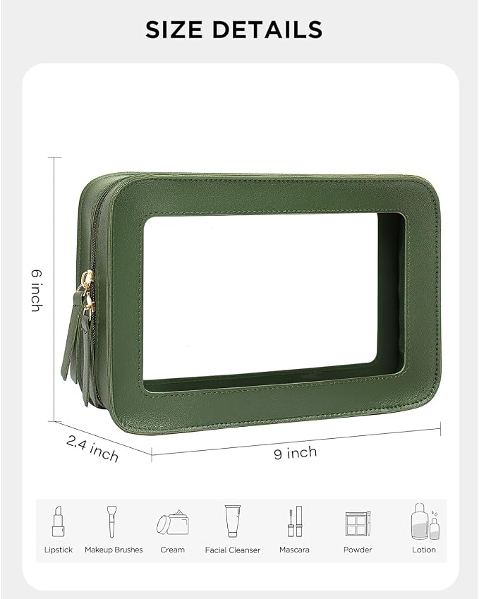 Clear Makeup Bags, TSA Approved Toiletry Bag with Zipper, Travel Makeup Organizer Fit Carry-on Travel Essentials,Small Cosmetic Bags Pouch for Women Men (Clear-Vintage Green)