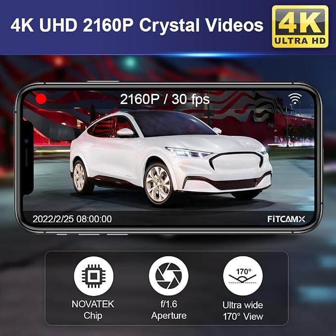 Front 2160P+Rear 1080P Dash Cam Adapts for Ford Mustang Mach-E 2021-2025 GT Select Premium, OEM Style, Dual Loop Recording, Built-in WiFi & APP, G-Sensor, Easy to Use, 128GB Card