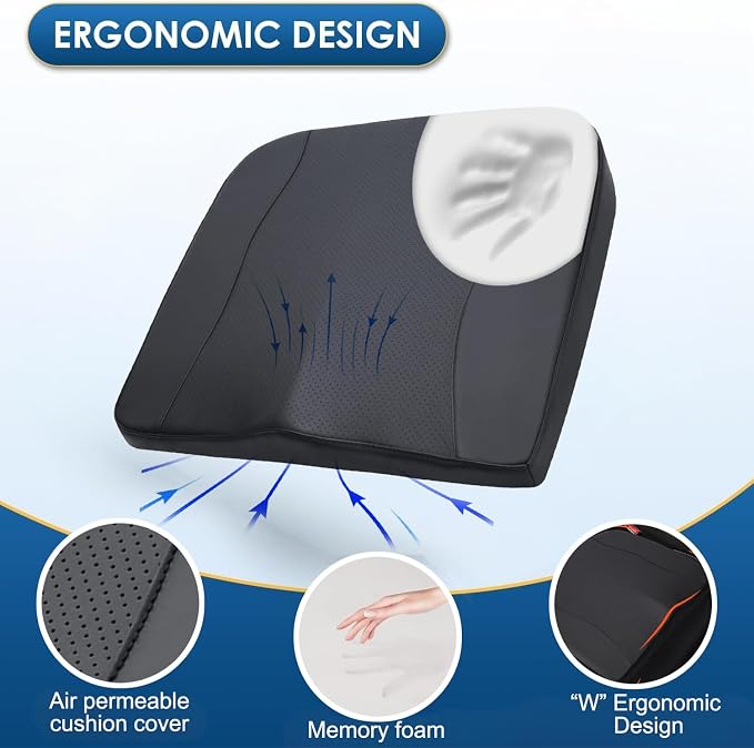 Comfort Memory Foam Car Seat Cushions For Driving,Black Booster Cushion Pad | Ergonomic Height Cushion, Sciatica & Lower Back Pain Relief Pillow, Comfort Seat Pad for Car Office Wheelchair Short People