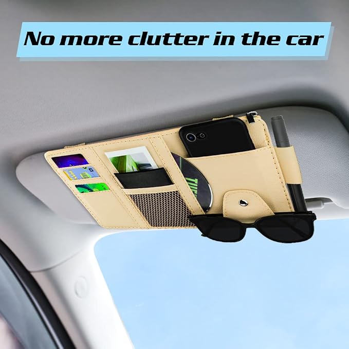 Car Sun Visor Organizer, Leather Pocket Organizer Sunglass Holder for Car Interior Accessories with Multi-Pocket Net Zipper, Beige