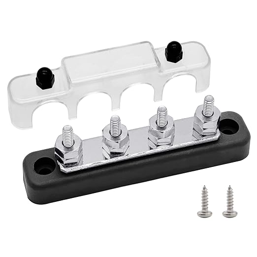 4 x #10 (M5) Studs Bus Bar, 4.2" Ground Distribution Block Brass Battery BusBar Junction with Cover for Auto Boat Amplifier and More (Black)