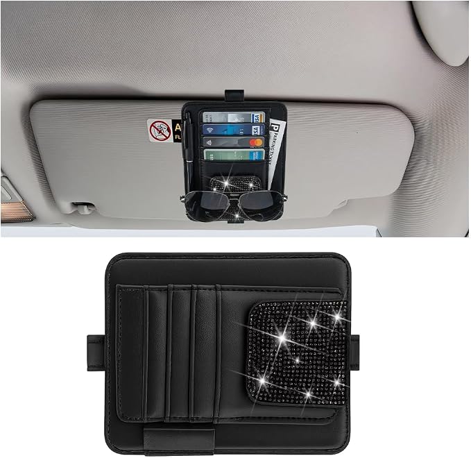 Bling Car Sun Visor Organizer, Multi Pocket Crystal Rhinestone Vehicle Sunshade Card Sleeve Storage Pouch with Pen Sunglass Holder, Auto Interior Visor Organizer Pouch, Universal Fit (Black)