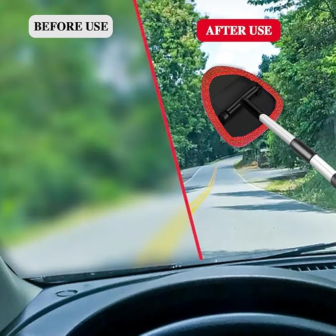 Windshield Cleaning Tool, Car Window Cleaner with Extendable Long Handle and 4 Washable Reusable Microfiber Pads, Auto Interior Exterior Auto Glass Wiper for Windshield, Universal for Most Cars (Red)