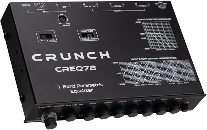 CREQ7B 7-Band Car Audio Parametric Equalizer with 9-Volt Line Driver, Subwoofer Control, and Dual Aux Inputs, ½ DIN ISO Mount