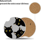 Cute Black Cats Ceramic Cup Holders Car Coasters Set for Women/Men,Drink Cup Car Holder Coasters with A Finger Notch 2.56" Pack of 2.