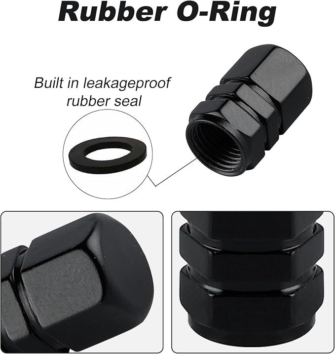 Aluminum Tire Stem Valve Caps Wheel Valve Covers Car Dustproof Tire Cap Cover Accessories, Universal for SUV, Car, Bike and Motorcycle, Hexagon Shape (4PCS Black)