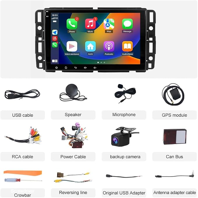 4Core 64GB ROM Car Radio Stereo for Chevy Silverado Tahoe GMC Sierra Yukon 2007-2013, 8 Inch IPS Touch Screen with CarPlay Android Auto Bluetooth GPS Navigation Backup Camera