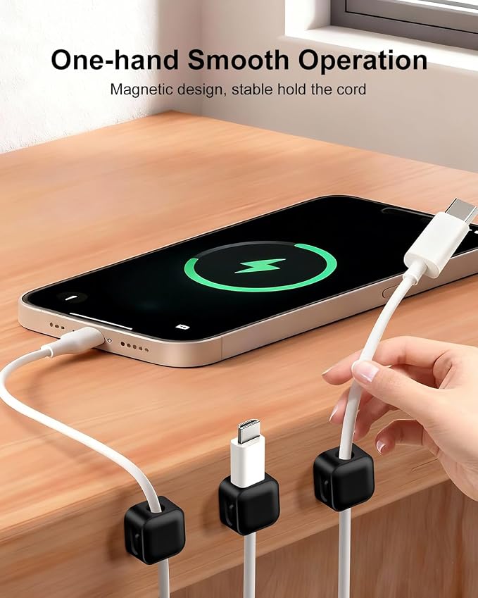 8 Pack Magnetic Cable Clips, Black Cable Management Accessories, Cord Smooth Adjustable & Adhesive Backing Cord Organizer for Office Home Organization, Desk, Wall, Nightstand, Phone, Car
