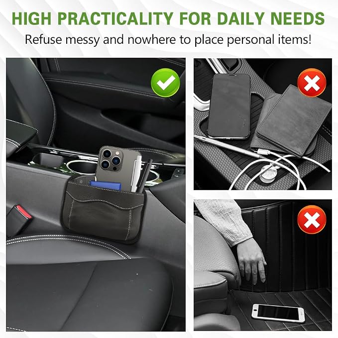 Car Seat Side Pocket Organizer, PU Leather Car Seat Gap Filler Bag, Car Seat Pocket Storage Bag for Phone, Keys, Sunglass, Wallet, Car Organizer Accessories for Seat, Door, Window (Black)