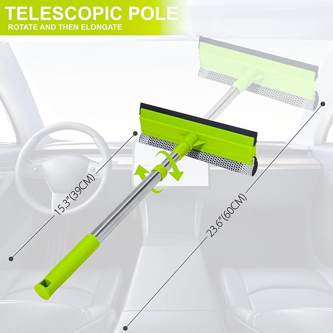 Window Squeegee with 15.7"-27.5" Retractable Stainless Steel Handle, 2-in-1 Windshield Cleaner Tool for Cars, Trucks, Glass Doors, Shower Glass, Outdoor Windows – Window Cleaner (Green)