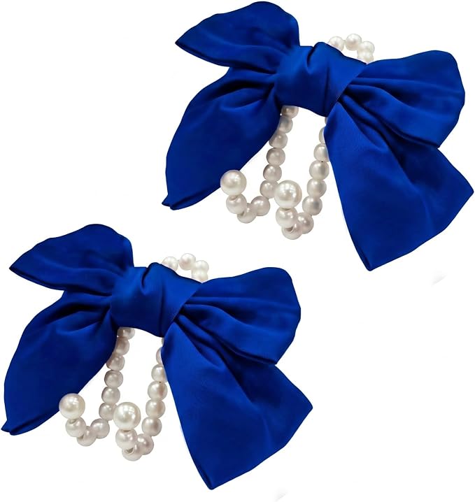 2 PCS Bow Pearl Car Seat Headrest Hook – Cute Purse Hook for Car, Girly Interior Decoration Accessories Hook Hanger, Seatback Holder for Purses & Bags, Elegant Car Organizer (Deep Blue)