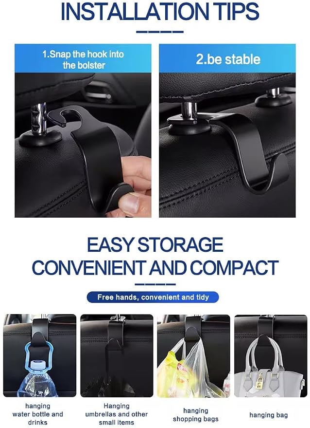 Car Purse Hook, 4 Pack Sturdy Headrest Hooks - Heavy Duty Purse Hanger for Handbags, Grocery Bags, Coats, Universal Fit for All Cars, SUVs, Minivans (Black)