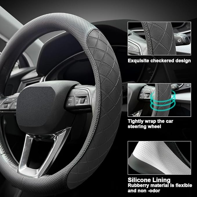 Nappa Leather Steering Wheel Cover, Elegant Diamond Checkered Design, Non-Slip wear-Resistant, Enhance Driving Comfort, Suitable for Steering Wheel Diameter 14 1/2‘-15’ Models.Black