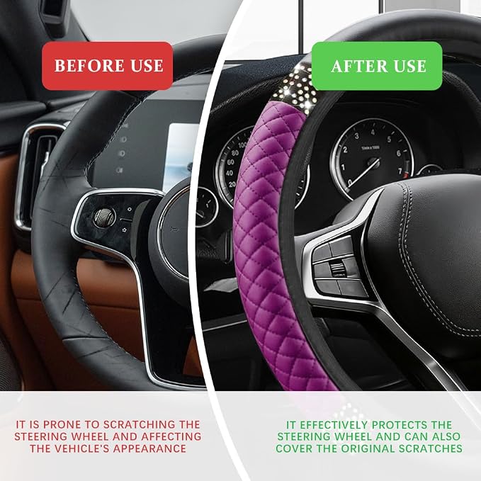 Bling Soft Leather Steering Wheel Cover, Steering Wheel Protector, 15 Inch Rhinestones Car Elastic Protector with Crystal Diamond for Women Girls, Car Accessory for Vehicles (Purple)