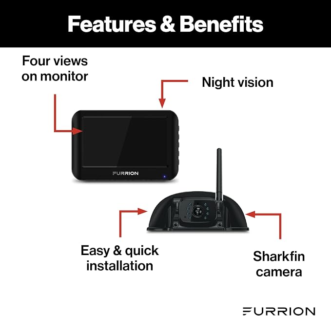 Vision S Wireless RV Backup Camera System with 4.3-Inch Monitor, 1 Rear Sharkfin, Infrared Night Vision, Wide-Angle View, Hi-Res, IP65 Waterproof, Motion Detection, Microphone - FOS43TASF